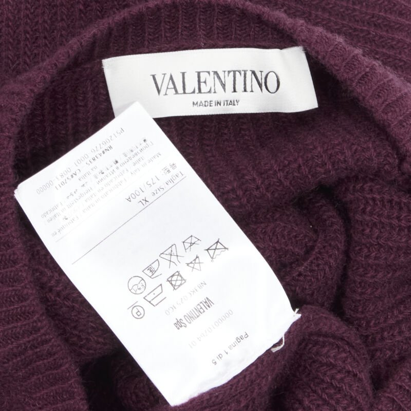 VALENTINO burgundy red virgin wool cashmere black lace applique sweater XL