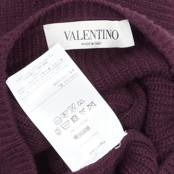 VALENTINO burgundy red virgin wool cashmere black lace applique sweater XL
