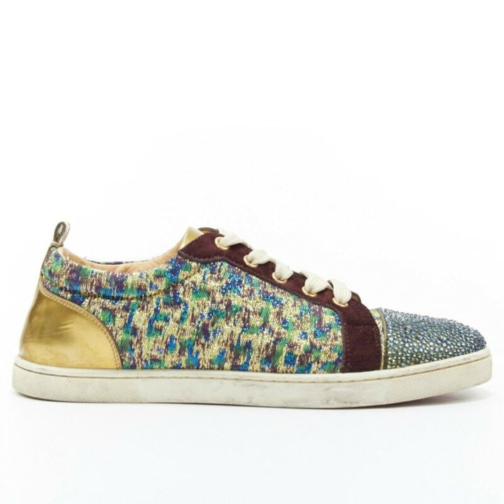 CHRISTIAN LOUBOUTIN Gondola gold jacquard strass crystal toe low sneaker EU38.5