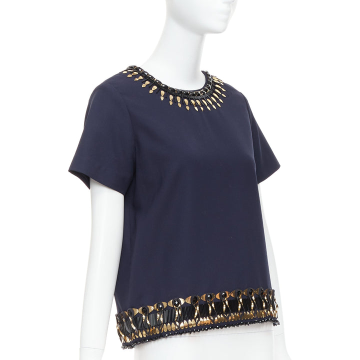 MANISH ARORA gold navy hand crafted 3D embellished top IT38 M
