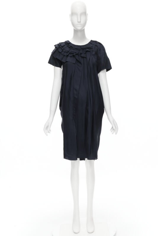 MARNI navy blue 100% silk ruffle neckline short sleeve silk dress IT38 XS