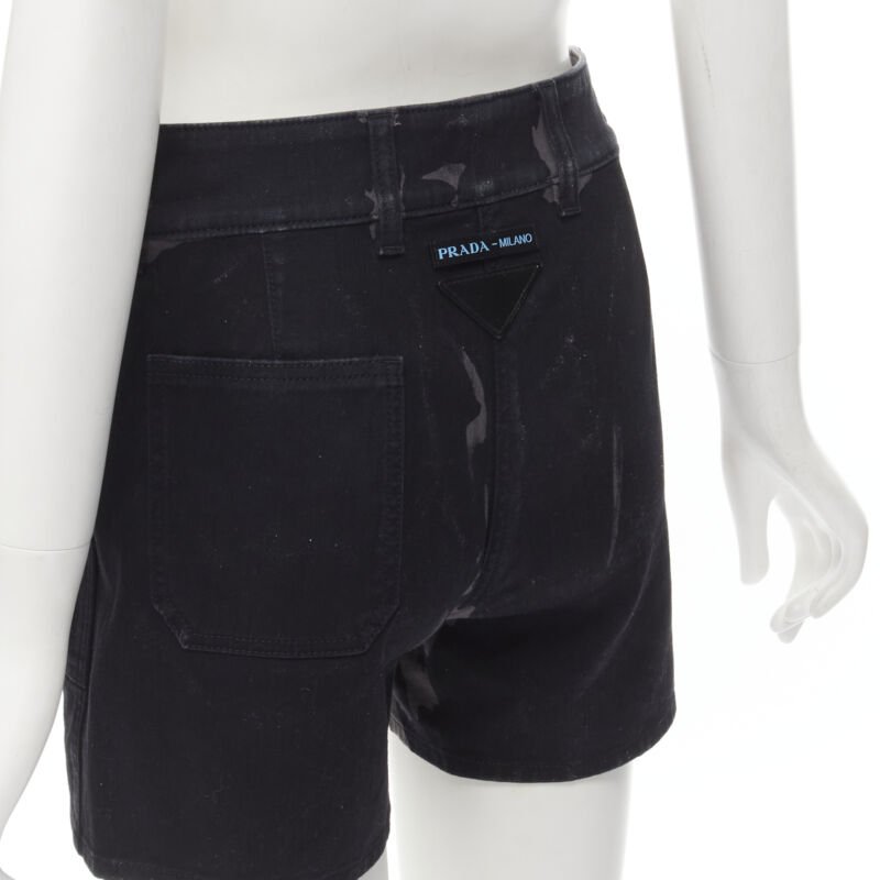 PRADA black grey camo denim triangle logo cargo pocket shorts IT36 XS