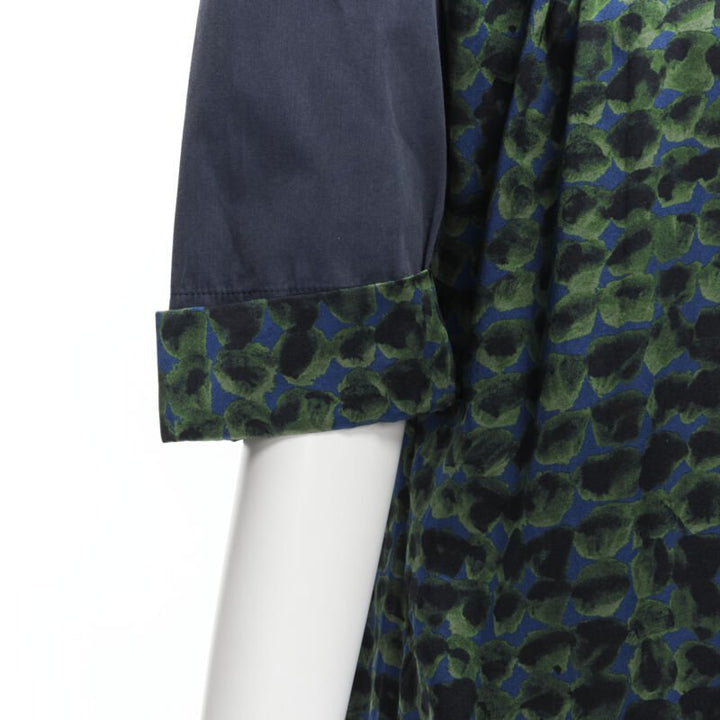 DRIES VAN NOTEN green navy draped silk contrast short sleeve dress FR36 S