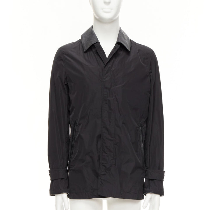 BURBERRY black textured leather trim nylon single breast trench coat IT48 M
