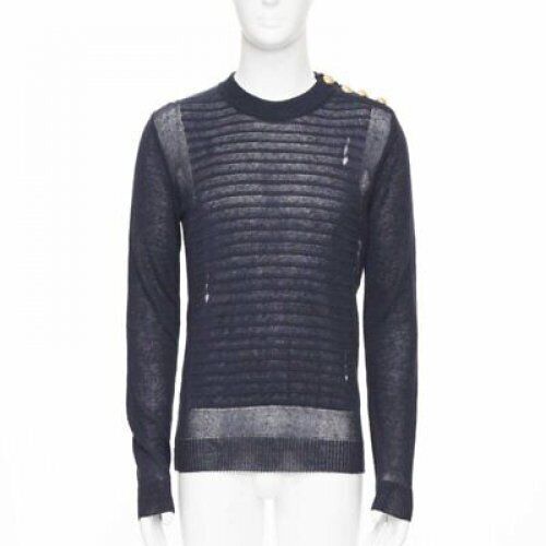 BALMAIN 100% linen navy stripe gold military button distressed sweater XS