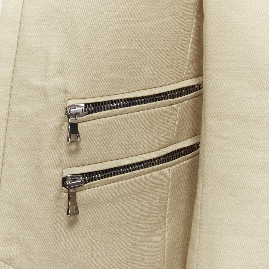 BALMAIN beige cotton military gold trim zippers cropped fitted jacket EU46 S