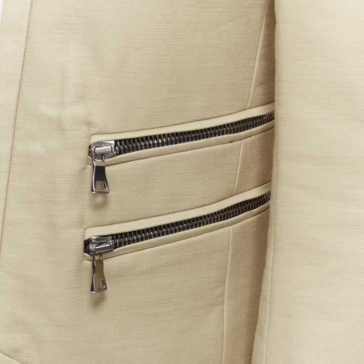 BALMAIN beige cotton military gold trim zippers cropped fitted jacket EU46 S