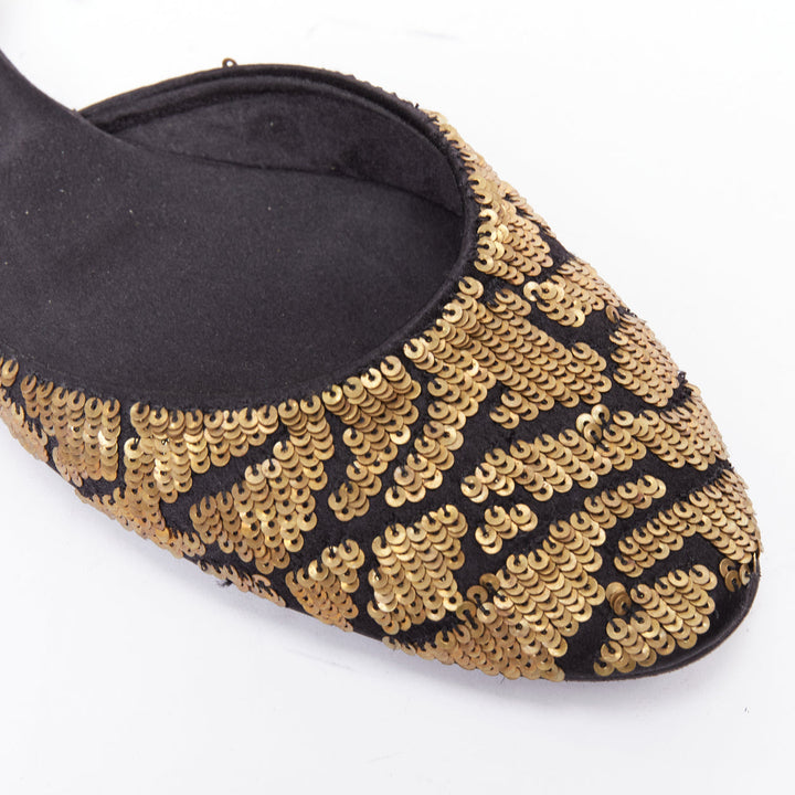 ROGER VIVIER gold sequin black satin half dorsay ballerina flats EU34