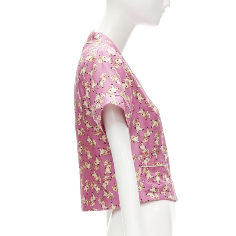 GUCCI CNY 2019 100% silk pink piggy print cropped pajama shirt IT36 XS rare