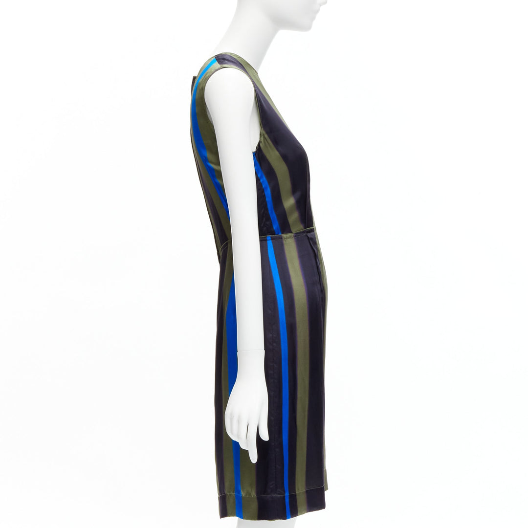 LANVIN 100% silk khaki blue abstract invert darts dress FR36 S