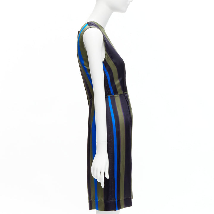 LANVIN 100% silk khaki blue abstract invert darts dress FR36 S