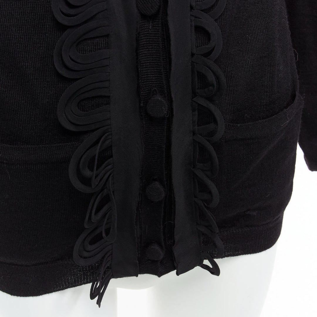 CHLOE black wool military scallop loop ruffle scoop neck cardigan M