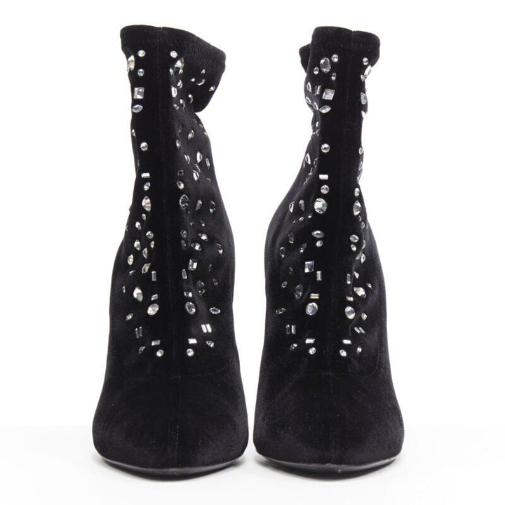 GIUSEPPE ZANOTTI black velvet crystal jewel embellished pull on sock bootie EU39