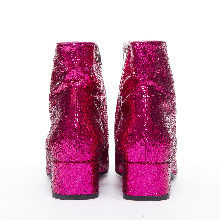 SAINT LAURENT Babies 40mm hot pink glitter chunky heel chelsea boots EU38.5