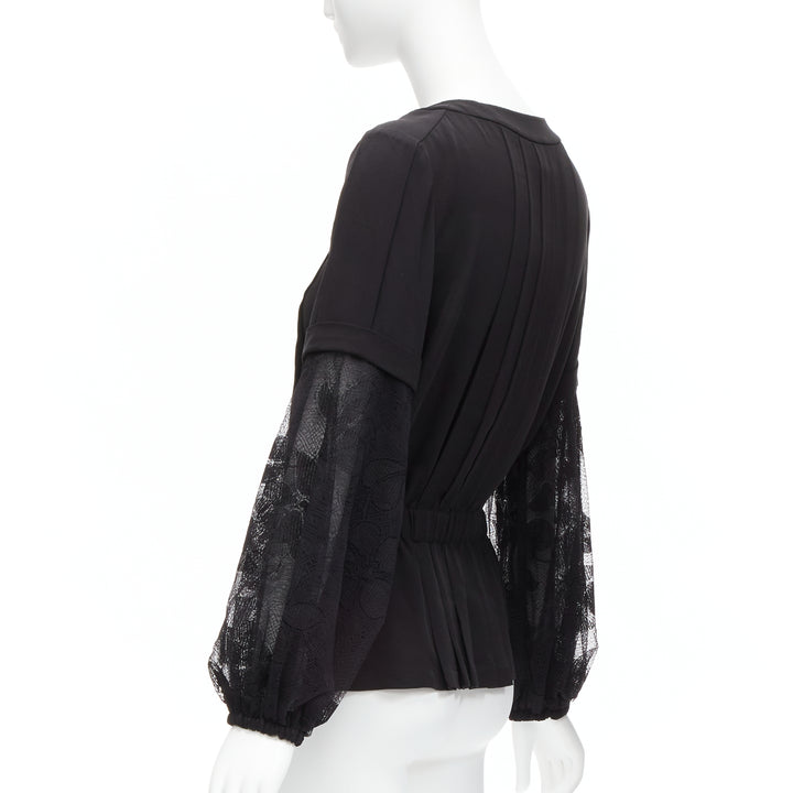CHANEL 13P silk black floral lace sleeves pleated jacket blouse FR36 S