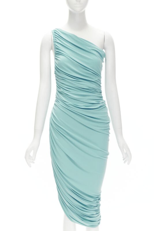 NORMA KAMALI Diana sky blue one shoulder ruched jersey bodycon dress XS
