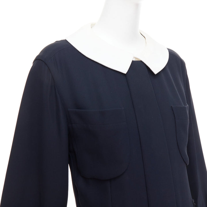 rare CHANEL 2015 Runway black silk white cotton collar trompe loeil dress FR36 S