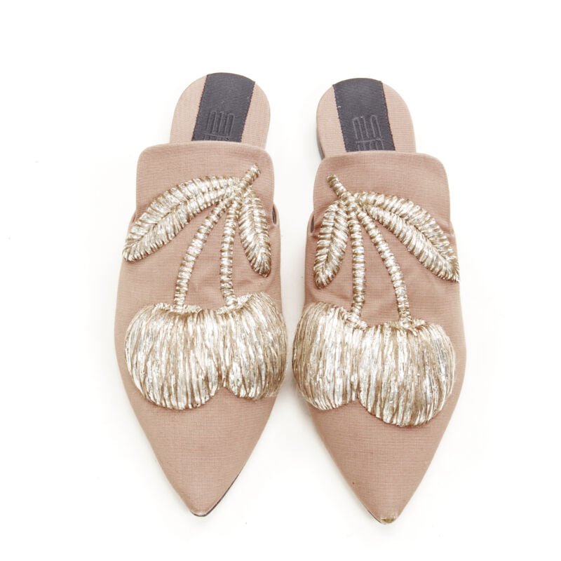 SANAYI 313 beige silver fabric embroidery slip on babouche slippers EU36
