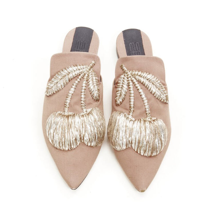 SANAYI 313 beige silver fabric embroidery slip on babouche slippers EU36