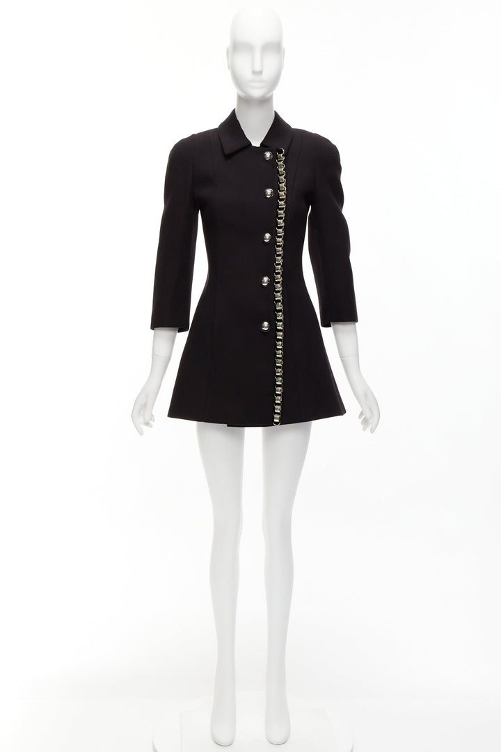 DAVID KOMA Runway Cady chunky chain trim black fit flare coat dress UK6 XS