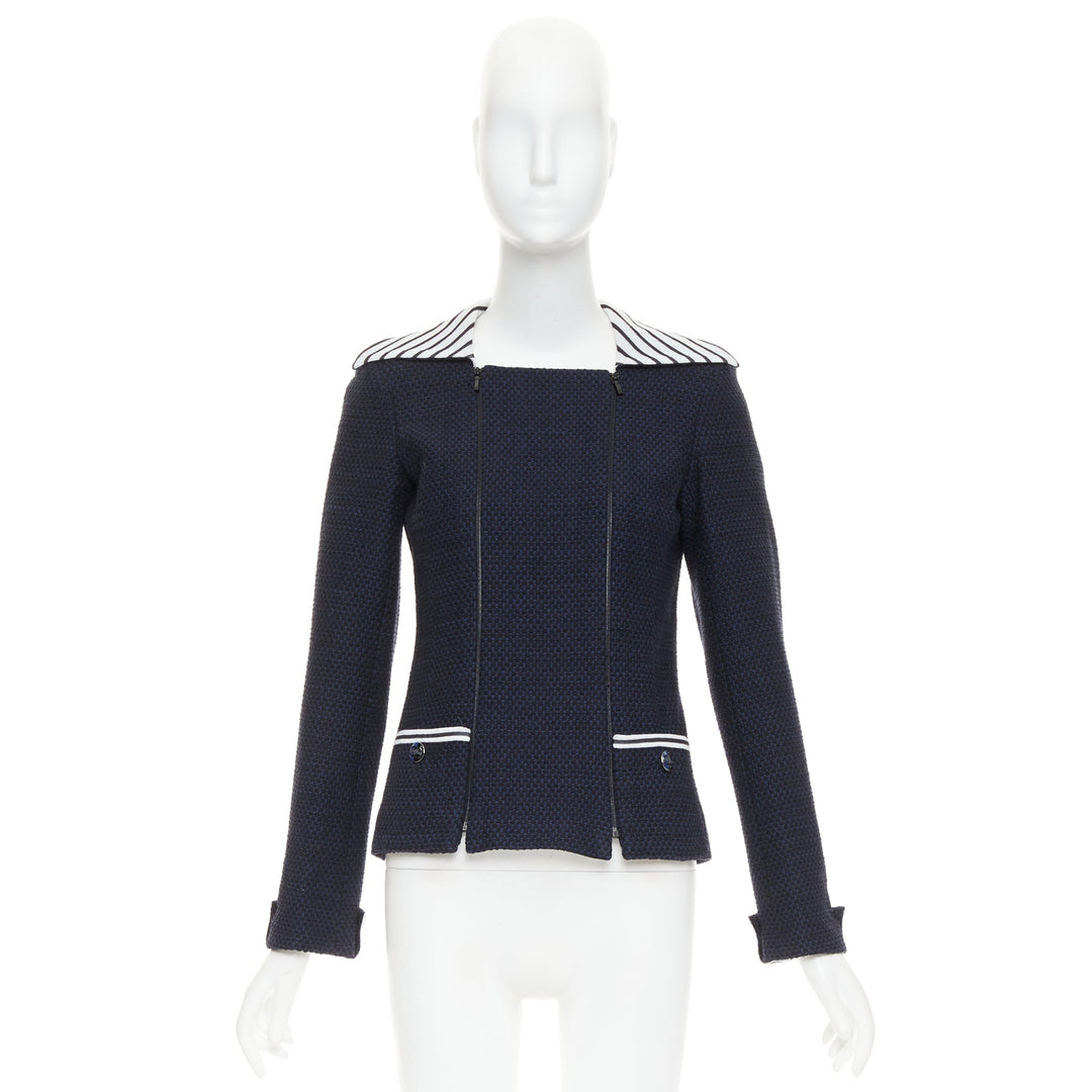 CHANEL 2017 navy white black nautical striped collar woven jacket FR34 XS