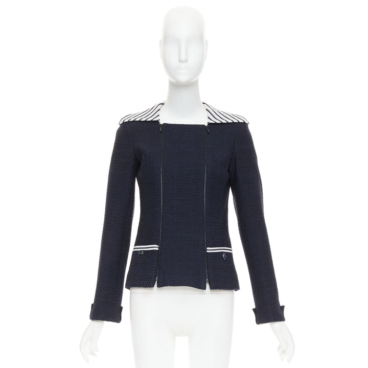 CHANEL 2017 navy white black nautical striped collar woven jacket FR34 XS