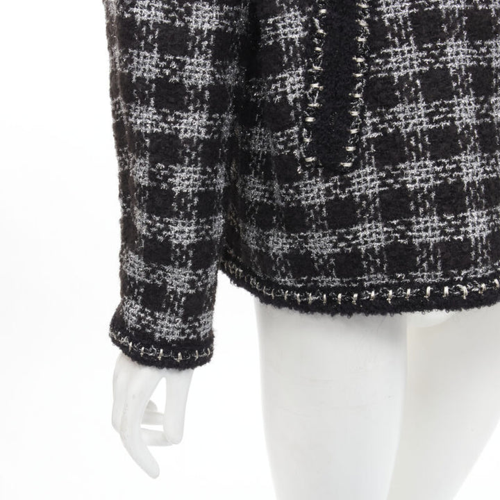 CHANEL 11A Fantasy Tweed black silver checkered asymmetric collar jacket FR44 XL