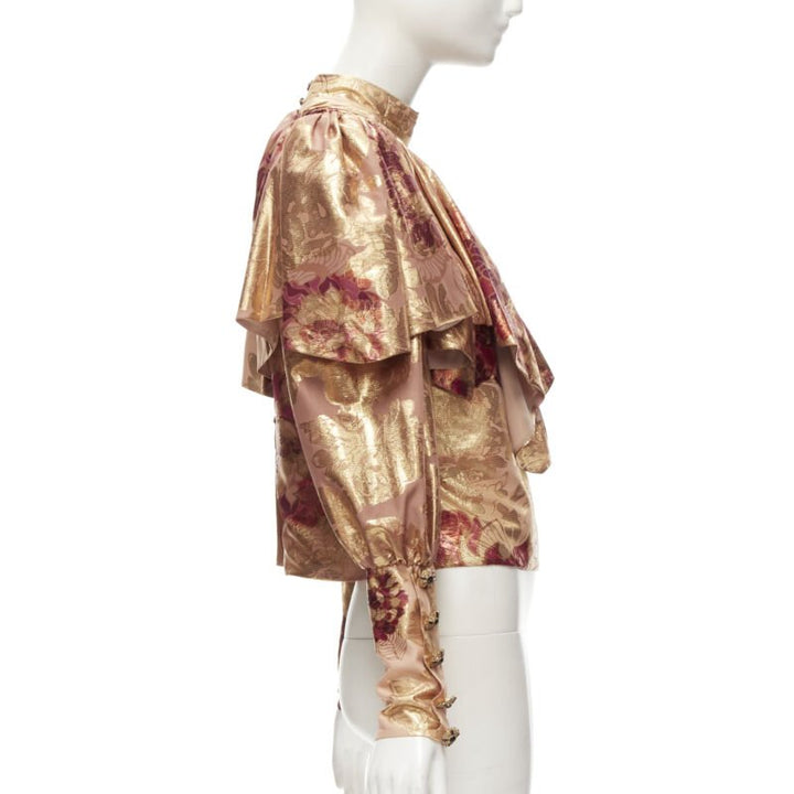 RAISA VANESSA rose gold foil jacquard rhinestone buttons Victorian top FR34 XS