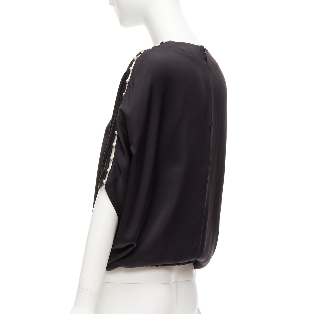 CHLOE 100% silk black pearl embellished lattice dolman top FR34 XS