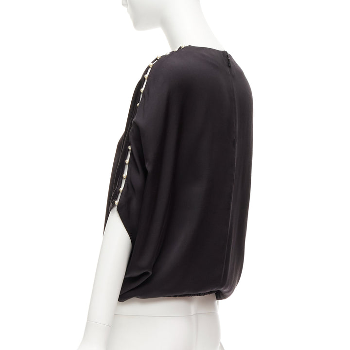 CHLOE 100% silk black pearl embellished lattice dolman top FR34 XS
