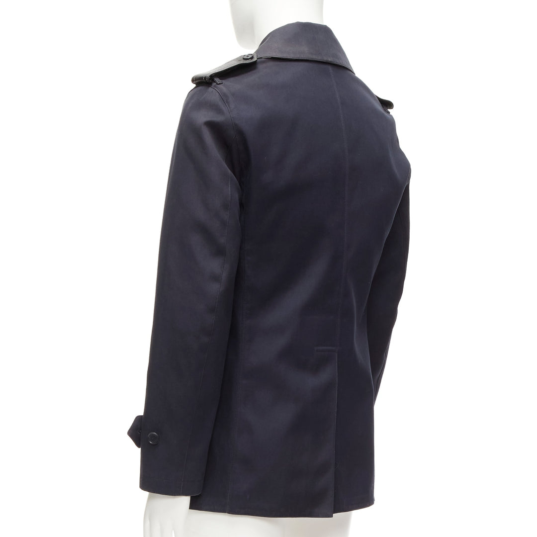 BURBERRY navy cotton wool lined leather epaulet short trench coat IT48 M