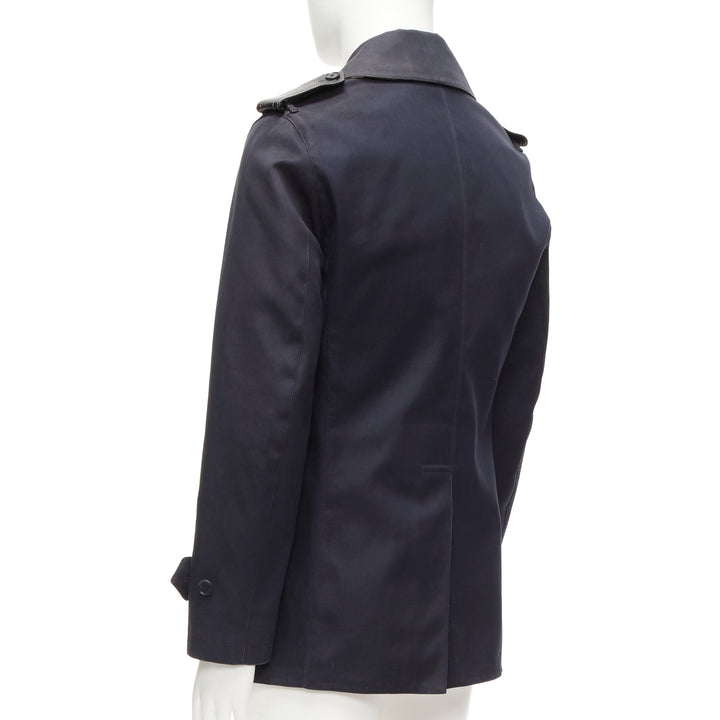 BURBERRY navy cotton wool lined leather epaulet short trench coat IT48 M