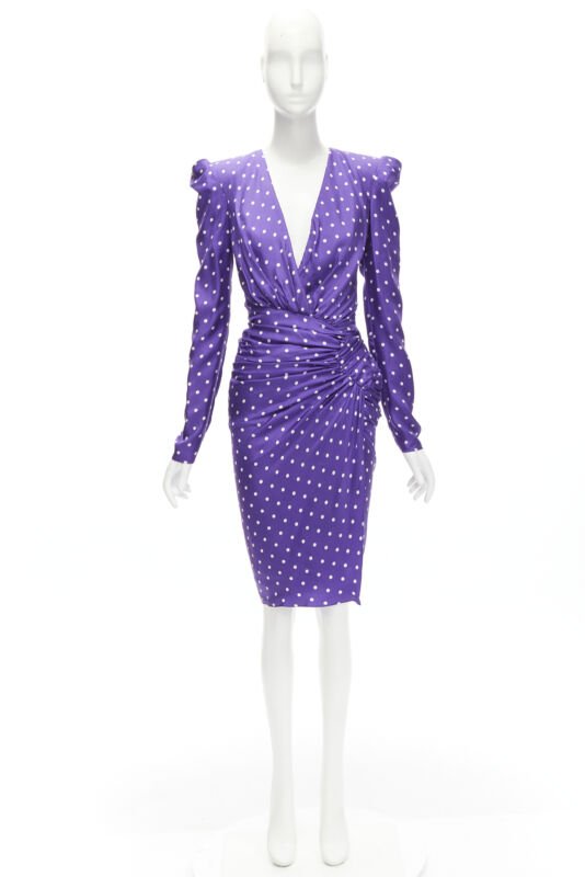 ALEXANDRE VAUTHIER Runway purple polka dot puff shoulder wrapped dress FR34 XS