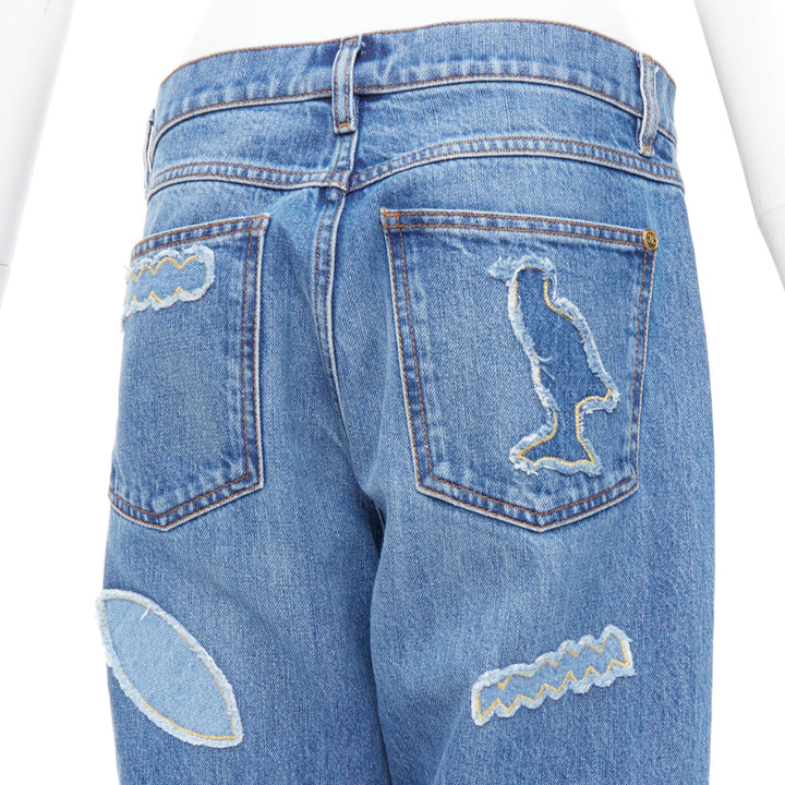 CHANEL 19A blue cotton hieroglyphics patch straight leg jeans FR40 L