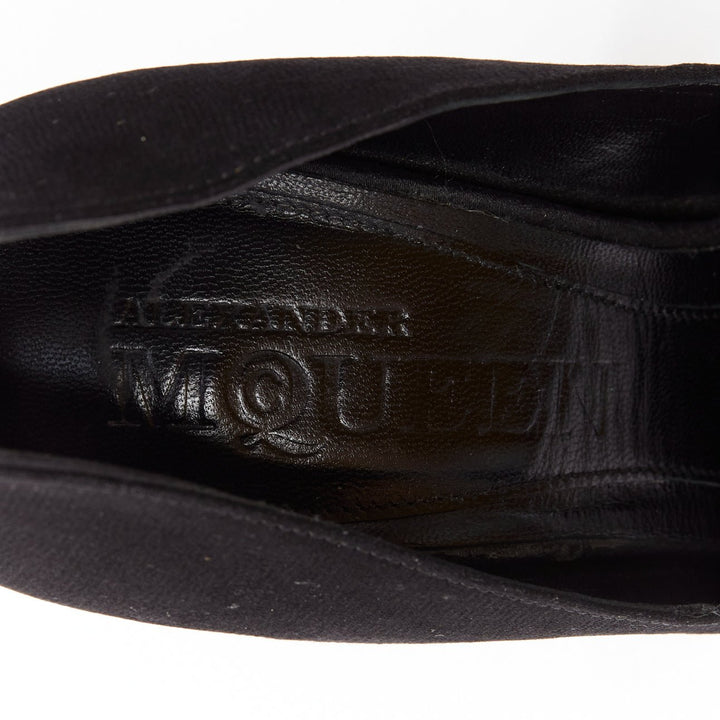ALEXANDER MCQUEEN black satin clear lucite dagger peep toe heel EU37