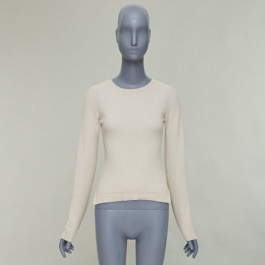 LORO PIANA 100% cashmere beige fine waffle knit crew neck sweater IT38 XS