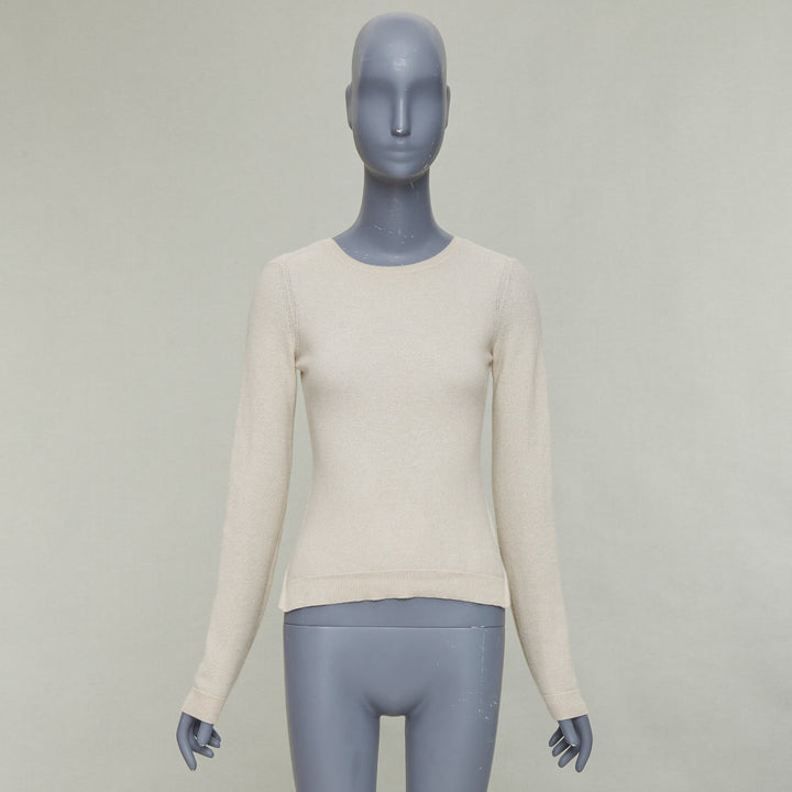 LORO PIANA 100% cashmere beige fine waffle knit crew neck sweater IT38 XS