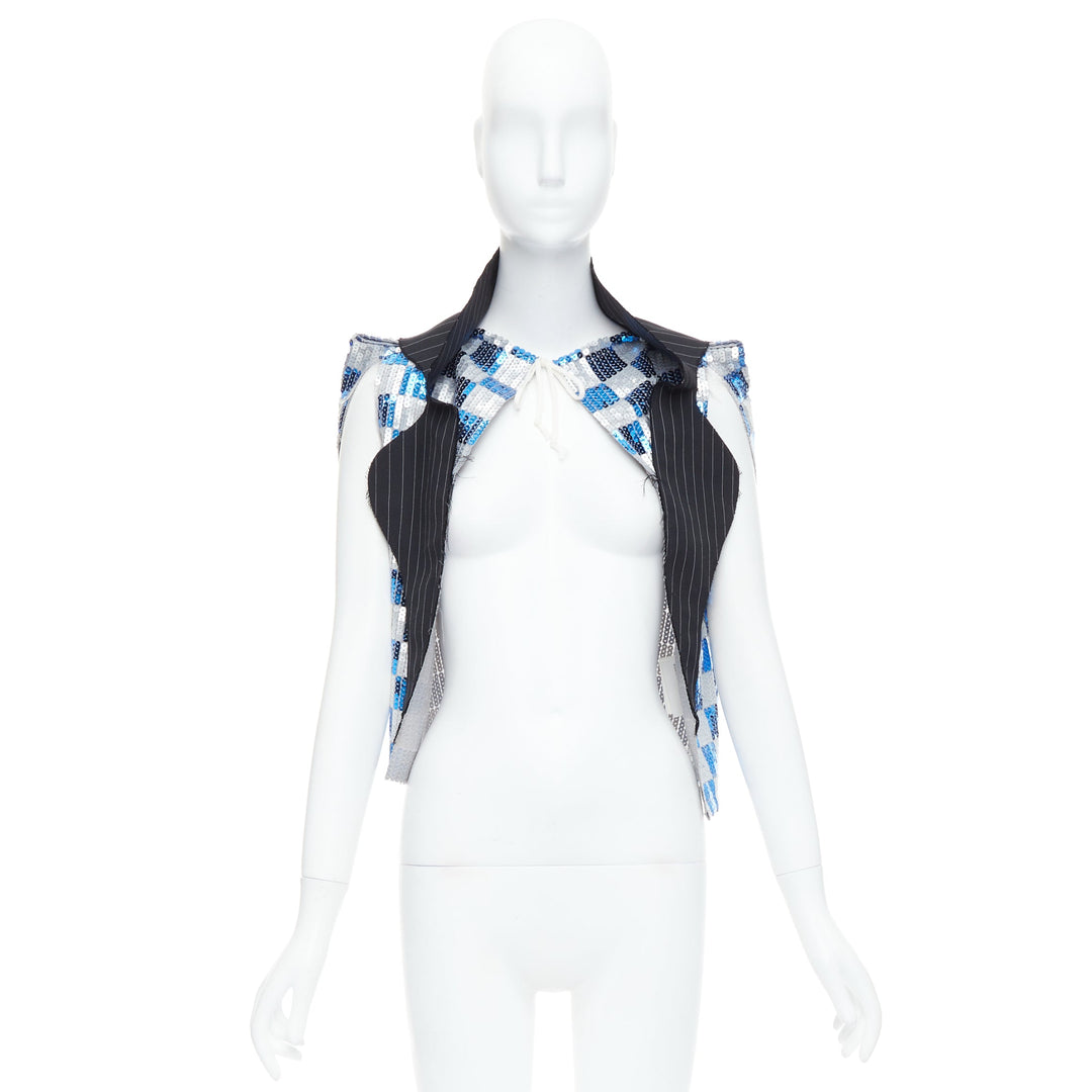 COMME DES GARCONS 2007 blue grey checkered sequin wool trim vest XS