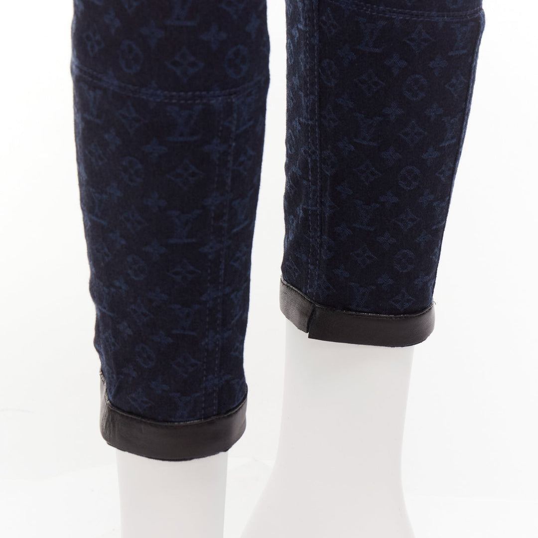 LOUIS VUITTON dark blue LV monogram black leather trim skinny jeans FR34 XS