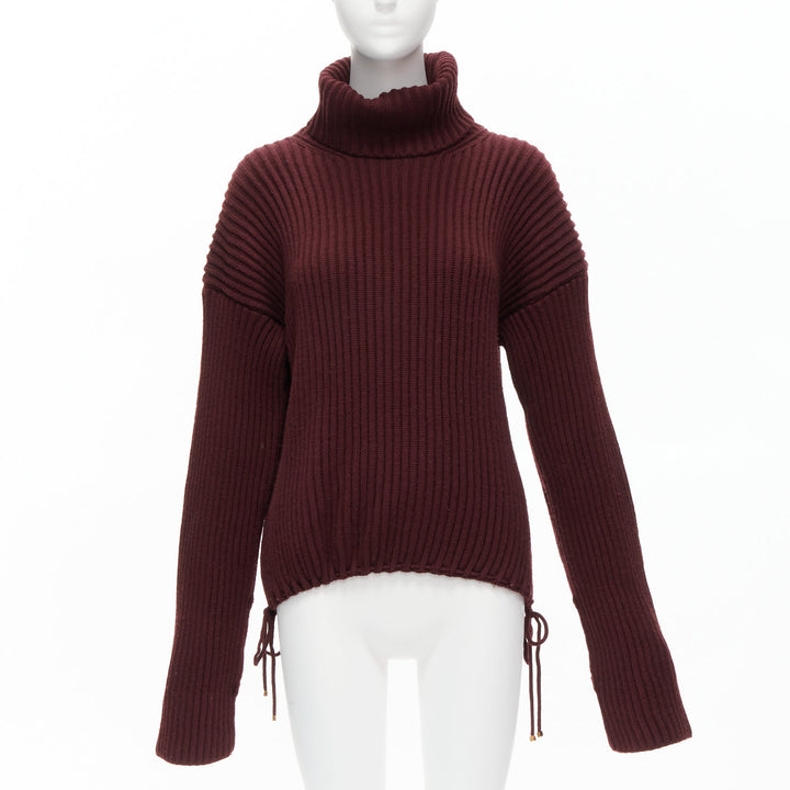 GUCCI 100% wool burgundy brown tie side drop sleeve turtleneck jumper IT38 XS