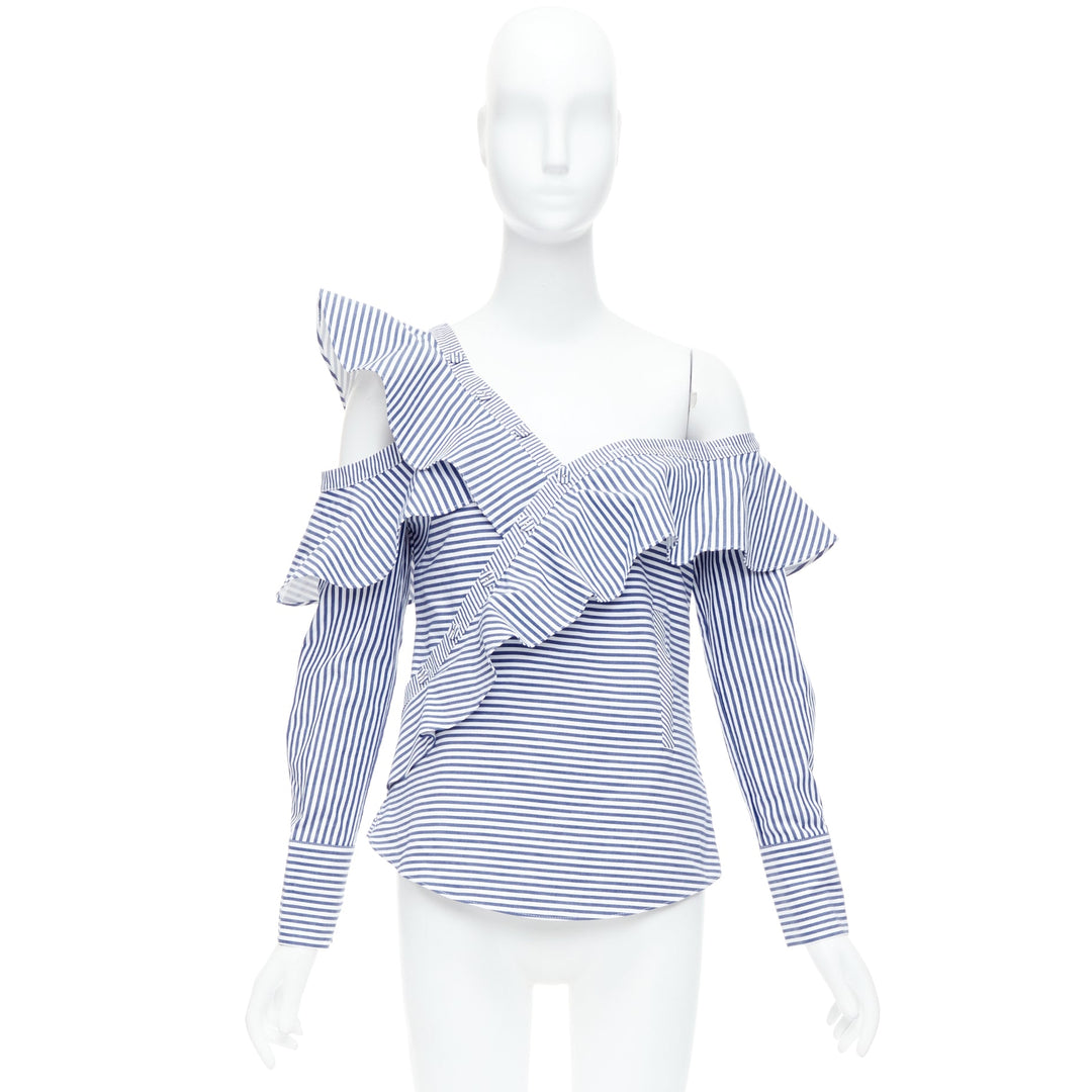 SELF PORTRAIT blue white striped off shoulder asymmetric ruffle top UK8 S