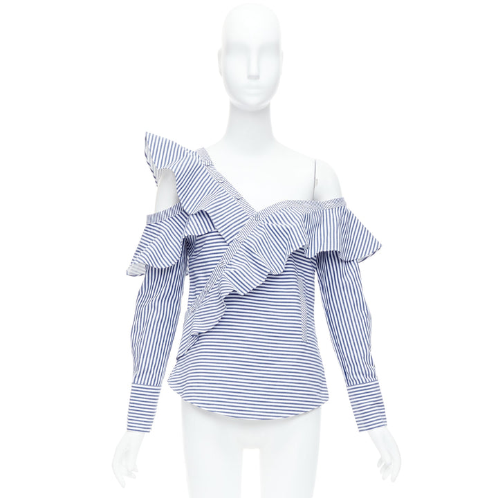 SELF PORTRAIT blue white striped off shoulder asymmetric ruffle top UK8 S