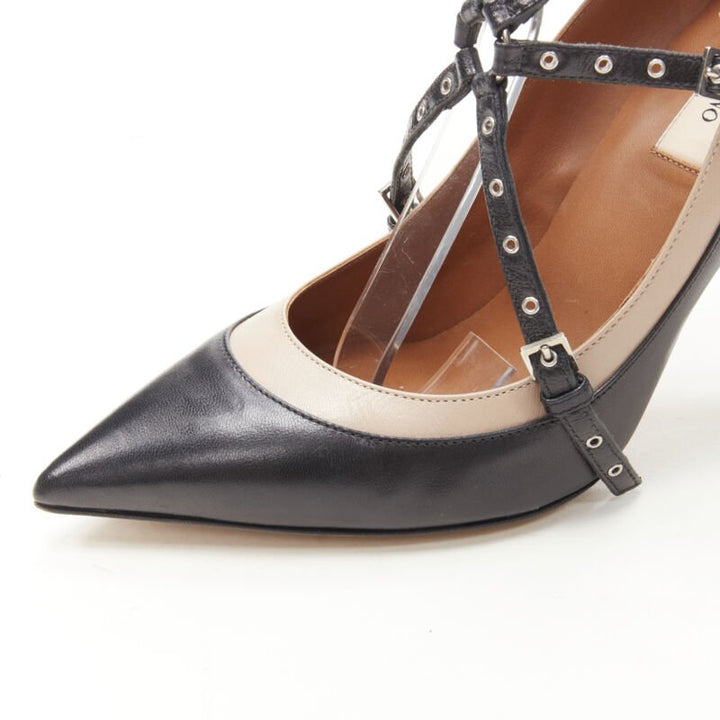 VALENTINO black beige leather silver grommet stud bondage harness pump EU38