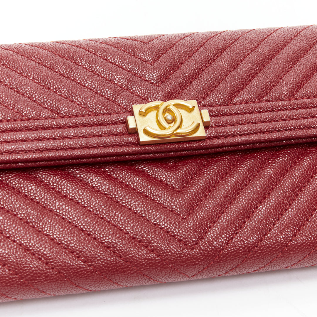CHANEL Boy chevron red caviar gold CC logo flap long wallet