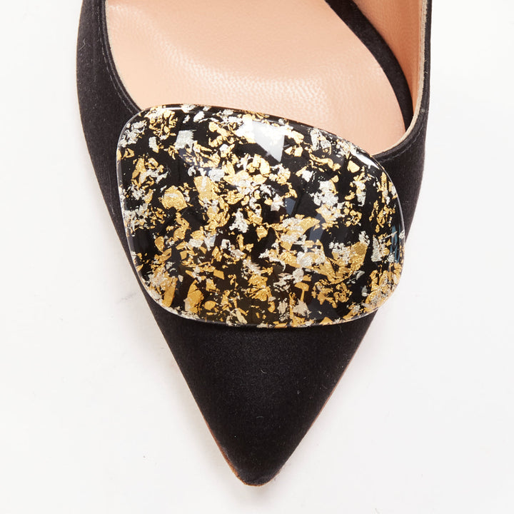 RUPERT SANDERSON Gold black satin gold paint buckle heeled pumps EU35.5