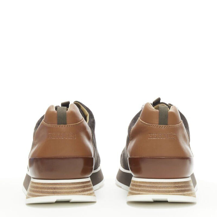 HERMES Buster grey brown suede lace up wooden rubber sole low sneaker EU39.5