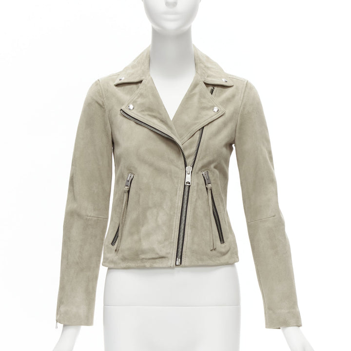 ALL SAINTS Dalby grey goat suede silver hardware classic biker jacket UK6 XS