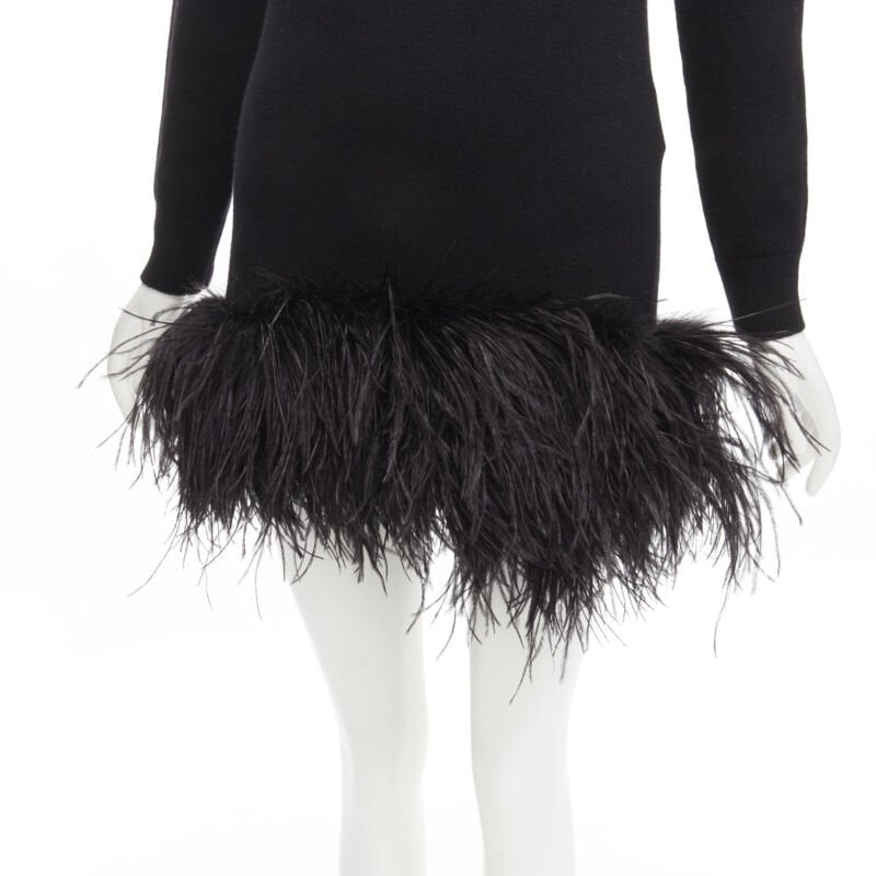 SAINT LAURENT 100% cashmere black ostrich feather trim mini sweater dress XS