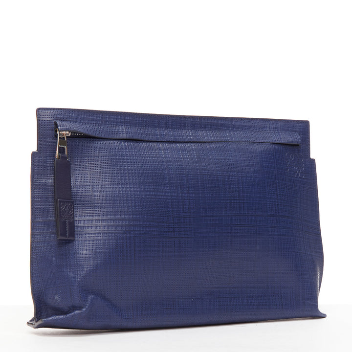 LOEWE T Pouch navy textured checkered leather silver zip wrist clutch bag
