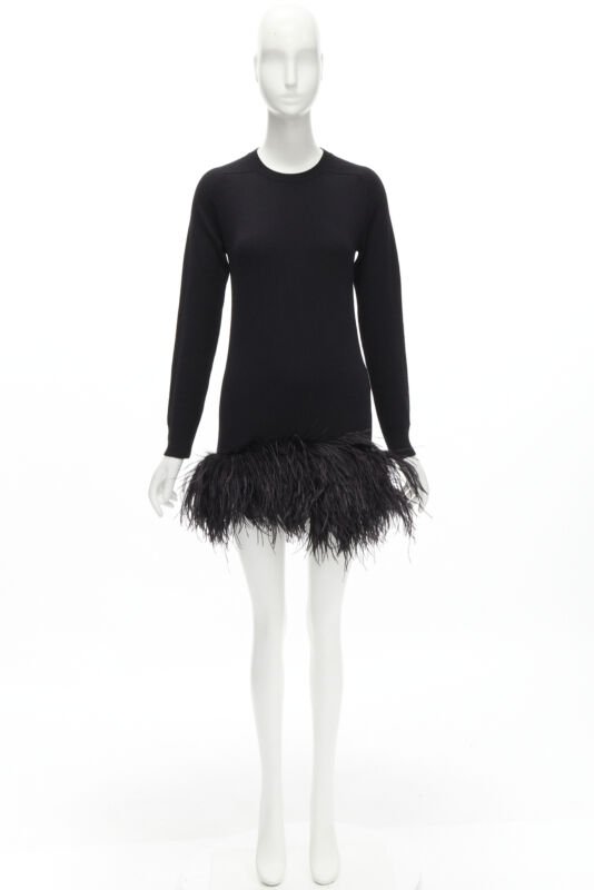 SAINT LAURENT 100% cashmere black ostrich feather trim mini sweater dress XS